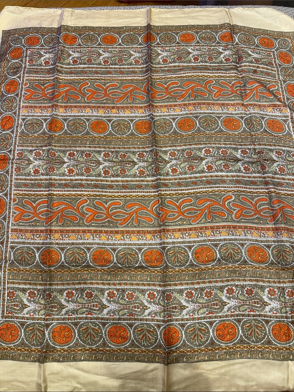 35x34.5 aprox liberty Olive, Orange and Cream Paisley & Floral Scarf Wrap